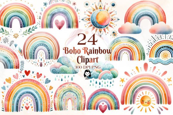 Download Watercolor Boho Rainbow Clipart Bundle - Rainbow clipart Collection